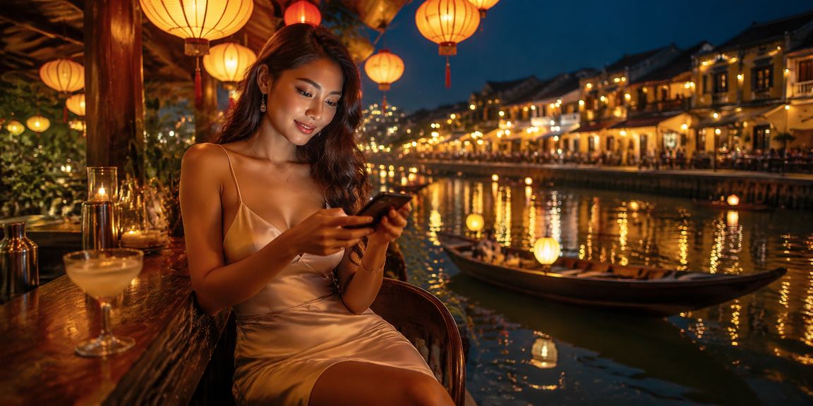 Người dùng tại Hội An mở ứng dụng casino bongdalu808 trong quán cà phê sáng sớm